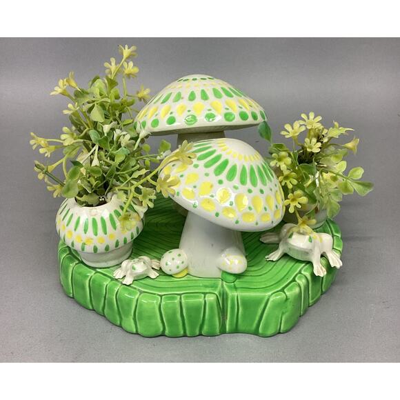 Ceramic Spring Time Statue - Frogs, Mushrooms, Plants Figurine - 6”Hx8”Lx6.5”W - Picture 1 of 11